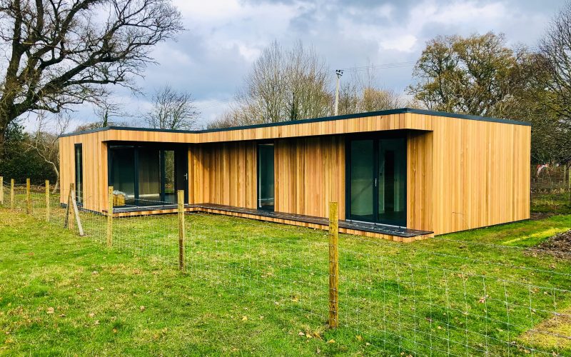 large L-shaped Vivid Green annexe with western red cedar cladding, anthracite grey framed windows and doors, and multiple entrances leading to grassy garden