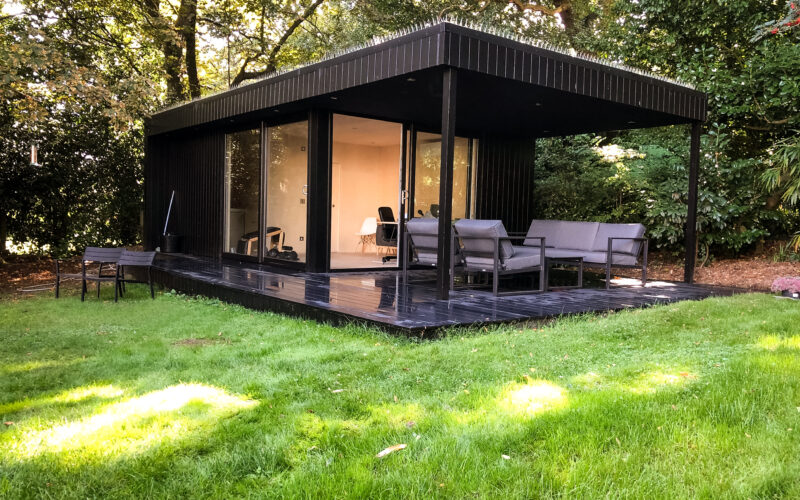 Black stained larch clad Vivid Green garden office space with glass doors in a backyard with a fern growing in the foreground on a sunny day