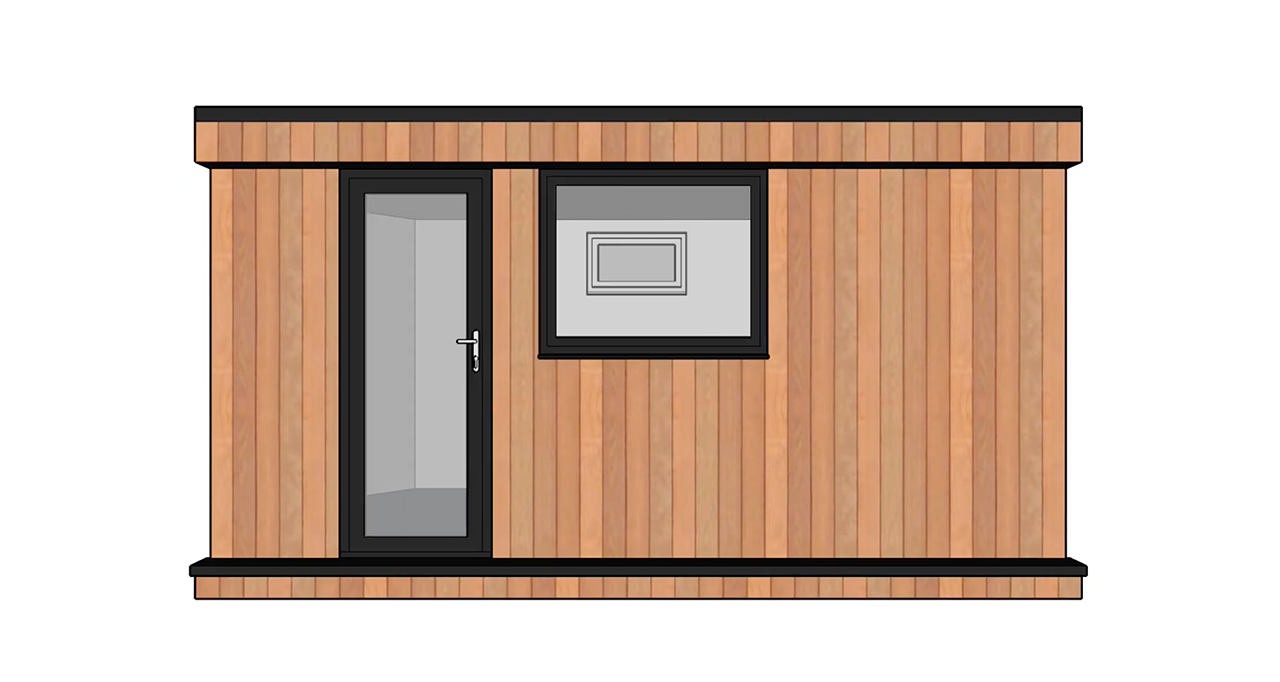 CGI design of a Vivid Green home music studio's exterior front view, showcasing western red cedar claddin, anthracite grey windows and doors, with a smaller back window visible through the front window.