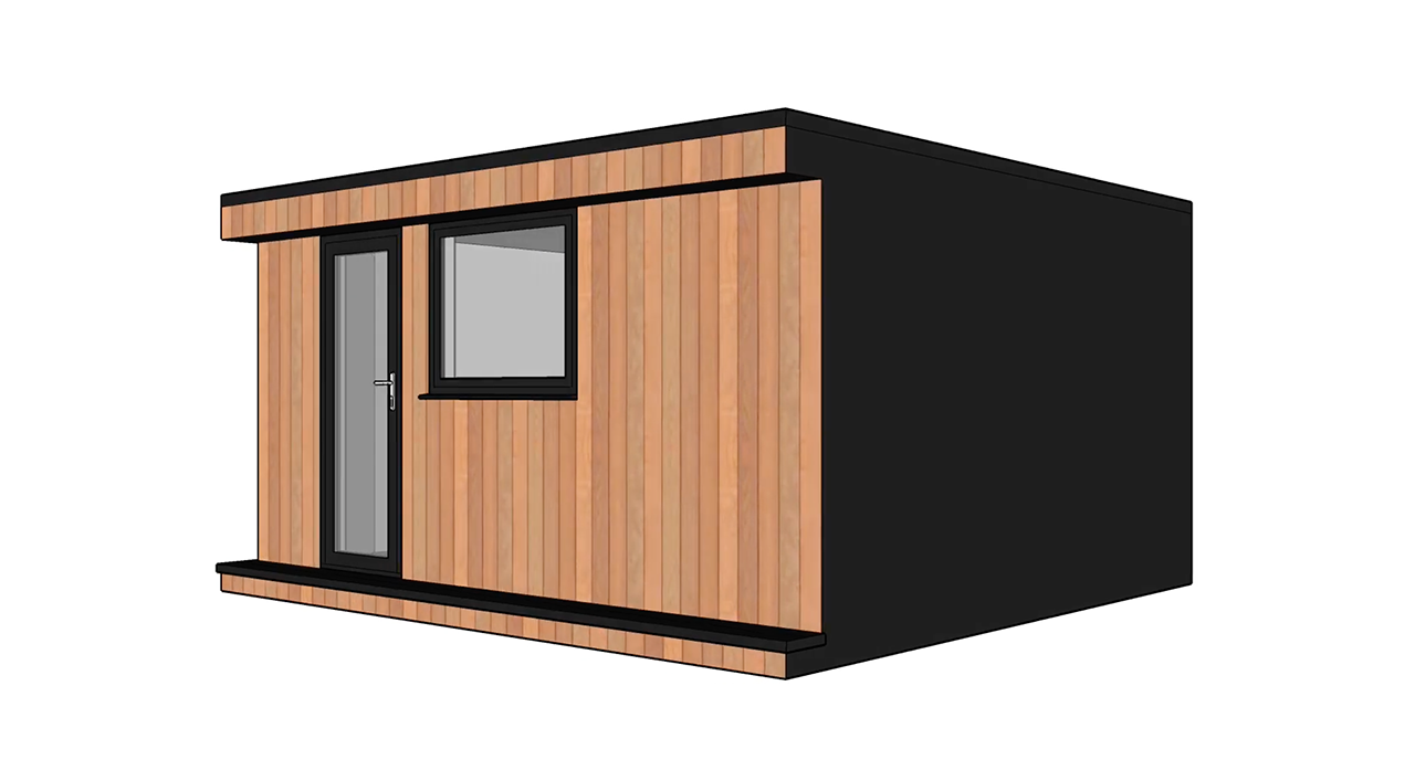 CGI design of a Vivid Green home music studio from an angle, showing western red cedar cladding and anthracite grey door and window, and a small composite deck step.