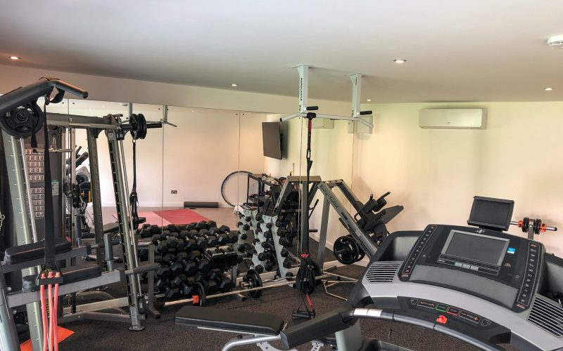 Interior of Vivid Green garden gym with ceiling-to-floor mirrors, black and silver lifting and weight stations, chin-up bar, treadmill, and air conditioning unit.