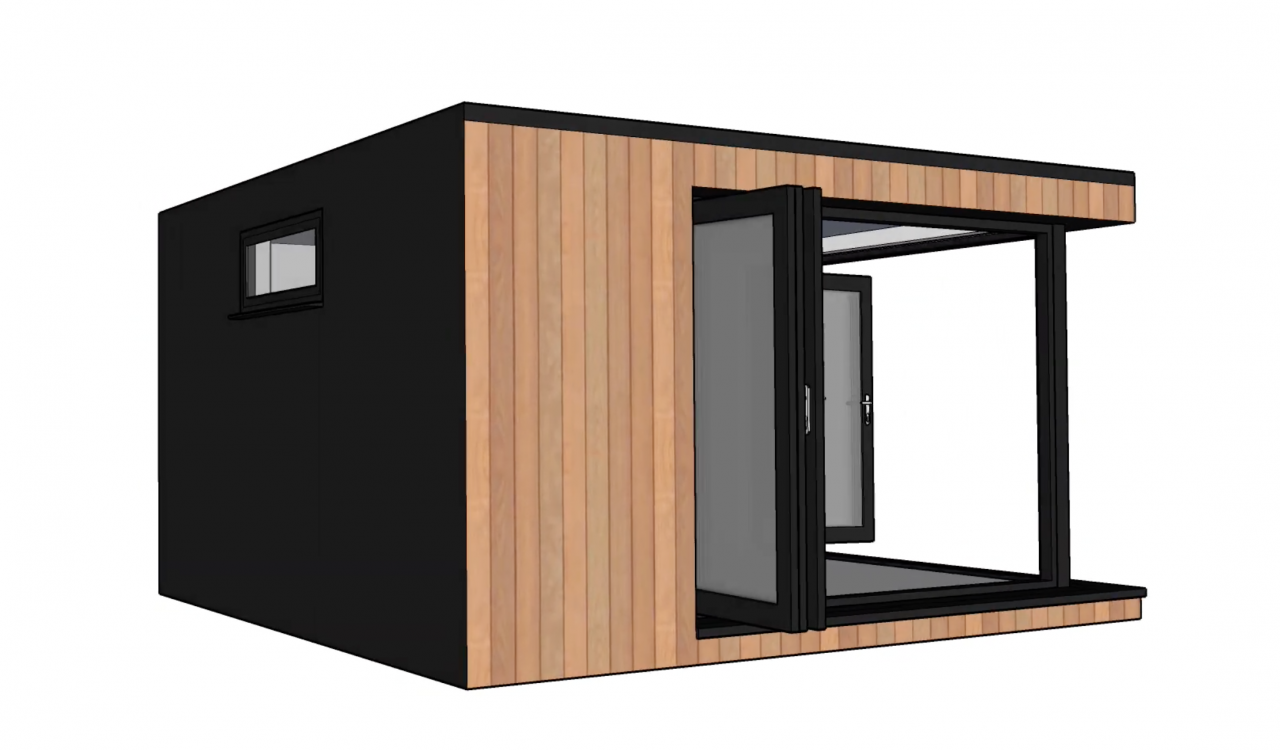 Digitally rendered angle view of a Vivid Green garden studio design featuring cedar cladding and anthracite grey framed bif-old doors opening from the corner and small window at the back